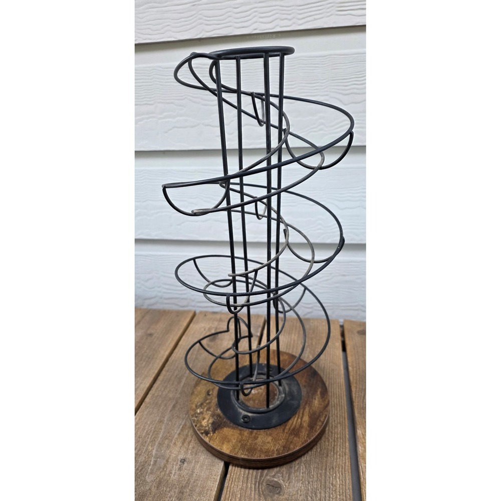 Rustic Metal Spiral Egg Skelter Dispenser Rack with Wooden Base Black Farmhouse